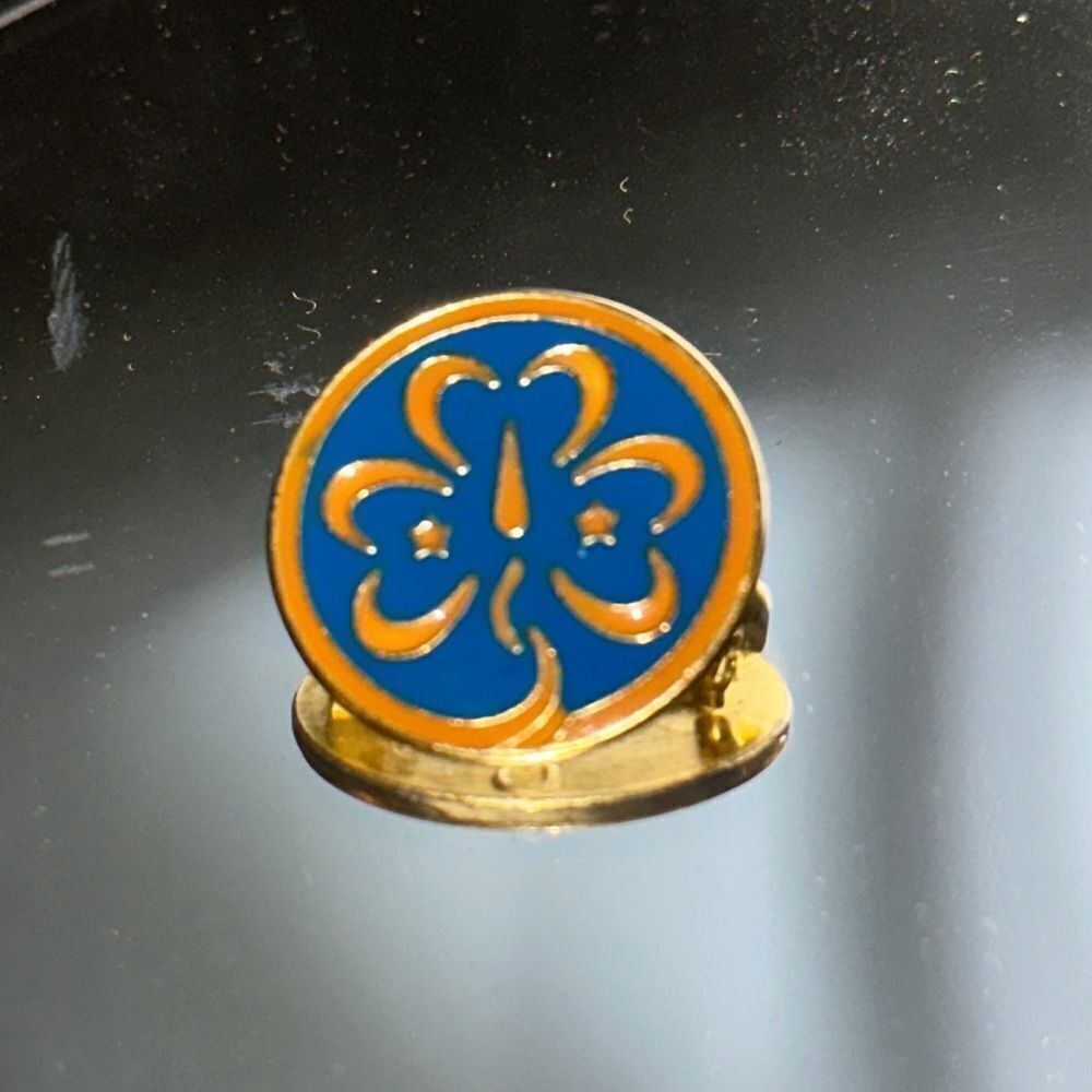 Girl Scouts Trefoil blue,ornate & gold enamel painted circle‎ pin